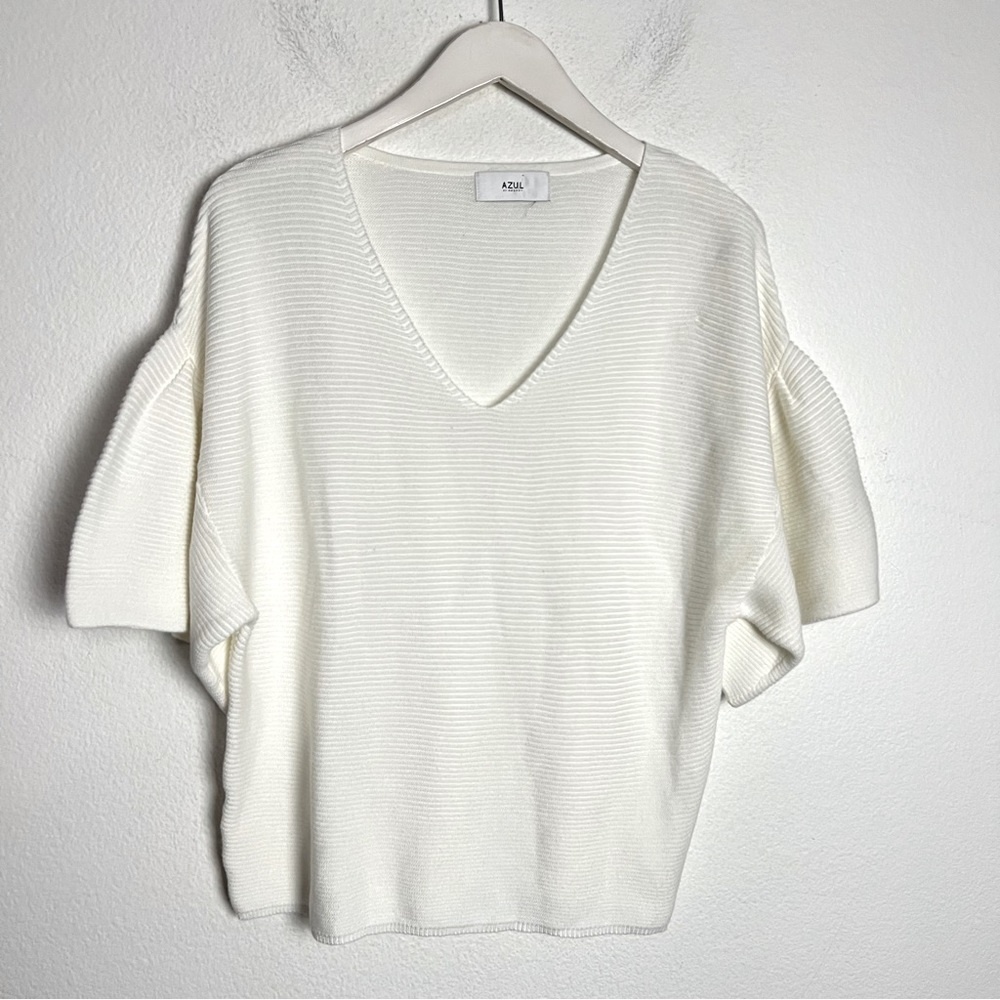 Azul by Moussy Ribbed Knit Short Sleeve Sweater Top White Size Medium